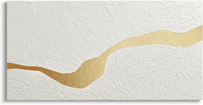 Large Horizontal Abstract White & Gold Textured Wall Art for Living Room | Modern Hand-Painted Oil Painting Artwork for Bedroom Office Dining Room, Original Contemporary Minimalist Wall Decor, Gifts