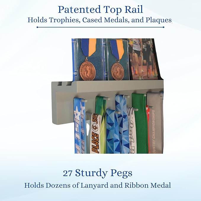 MedalAwardsRack 3ft- Ultimate Medal Hanger Display and Trophy Shelf - Multi-Sport Trophy and Medal Holder for Medal Display, Plaques, Pictures, Trophies and more. Solid Wood - Large 36" - Grey