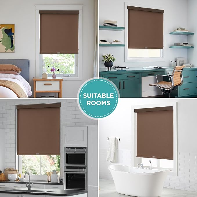 Joydeco 100% Blackout Roller Shades (Pro), Free-Stop Cordless Blinds for Windows, UV Protection, Natural Woven Blinds for Home and Office, Light-Proof Aluminum Cover (Coffee, 38" W x 75" H)