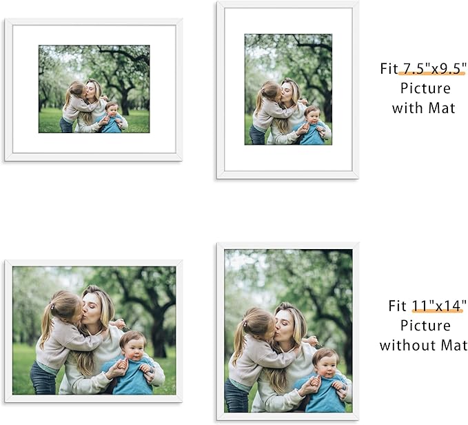 Picrit 11x14 Picture Frame Set of 12, Display 8x10 with Mat or 11x14 without Mat, Photo Frames for Wall Mounting or Table Top Display, White