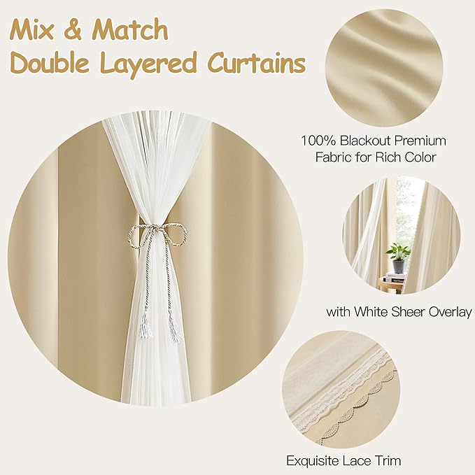 XiDi Beige Double Layer Curtains with Sheer Overlay for Girls Bedroom Living Room 2 Panels Beige Blackout Curtains 96 Inches Long for Kid Nursery Room Decor Thermal Insulated Grommet Drapes W34 x L96
