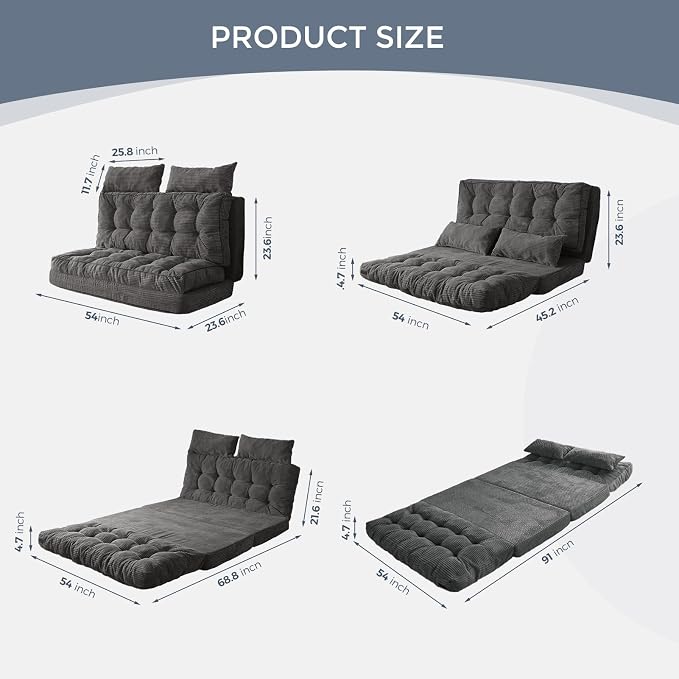MAXYOYO Folding Sofa Bed, Tufted Bean Bag Bed with Pillows Floor Couch for Adults, Extra Thick and Long Floor Sofa, Full Couch for Bedroom Living Room, Dark Grey, 54x91 Inch