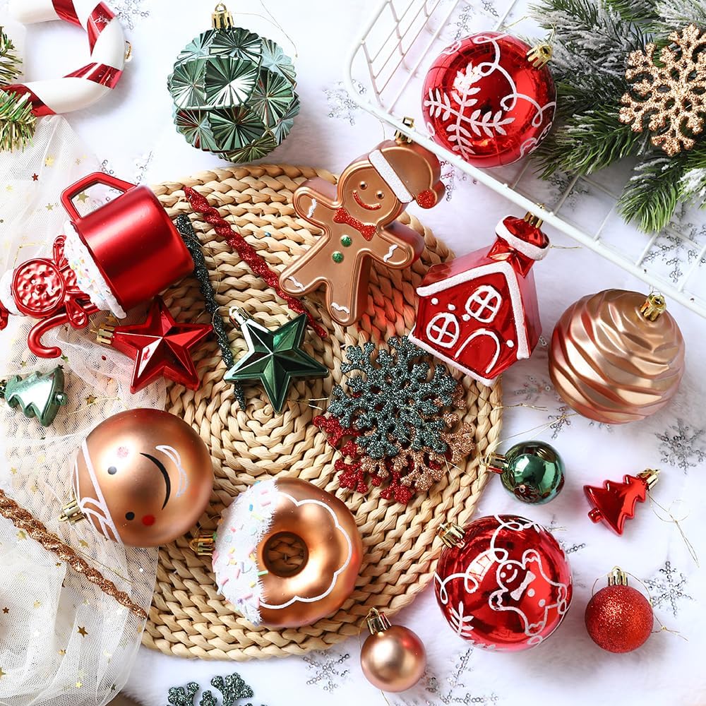 Gingerbread Man Christmas Tree Ball Ornaments Set - 72 ct Red Green Copper Gold Plastic Shatterproof Hanging Ornaments for Xmas Tree Indoor Outdoor Holiday Party Decorations