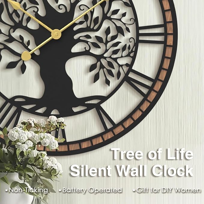 Micasso Wall Clocks Battery Operated: 18Inch Farmhouse Tree of Life Metal with Wood Frame - Rustic Roman Numerals Clock for Office/Living Room/Bedroom/Kitchen - Home Decor for Teen