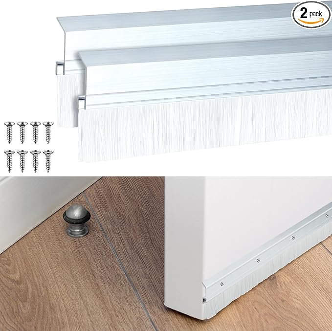 Hushee 2 Pcs 36 Inches Brush Door Sweep for Exterior, Aluminum Commercial Door Sweep Bottom All-Season Alloy Brush for Exterior and Interior Sealing Gaps Keeps Cold Air, Dust Out (White)
