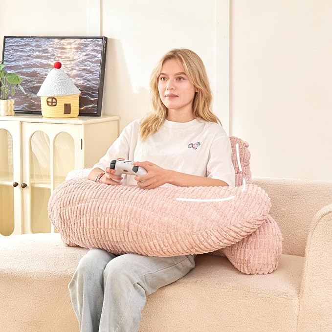 19" Reading Pillow for Bed,U Shaped Arm & Elbow Support,Pink Corduroy | Backrest Supports Back,U Shaped Lap Pillow Cushions Arms,Elbows & Wrists,Ribbed Corduroy for Reading,Gaming,Watching TV