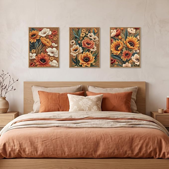 Boho Flower Botanical Framed Canvas Wall Art,Abstract Floral Wall Decor,Embroidery Plant Painting,Bloom Wildflower Artwork for Living Room,Bedroom,Dining Room,Office -12"x16"x3