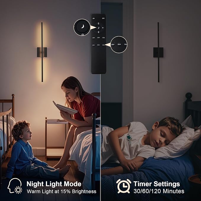 KARTOOSH Removable Battery Operated Wall Sconces with Remote Control, Stepless Colors 3000K-6000K & Dimming, 350°Rotate, LED Black Wireless Wall Light for Living Room, Bedroom, 28.3 Inch (2 Pack)