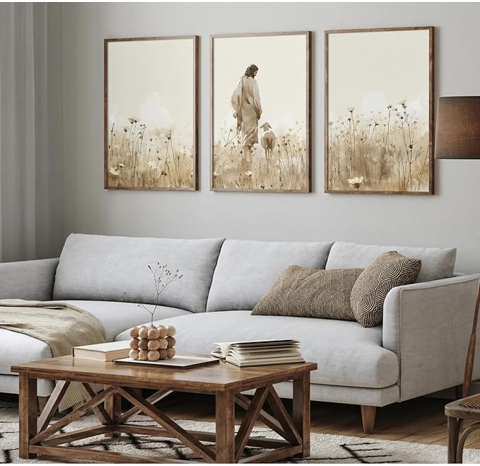 Jesus Leaves the 99 Sheep Wall Art Christian Canvas Poster Jesus and Lamb Wall Decor Religious Pictures Lost Sheep Painting God Christ Painting Artwork for Bedroom Living Room 16x24x3 Inch Unframed
