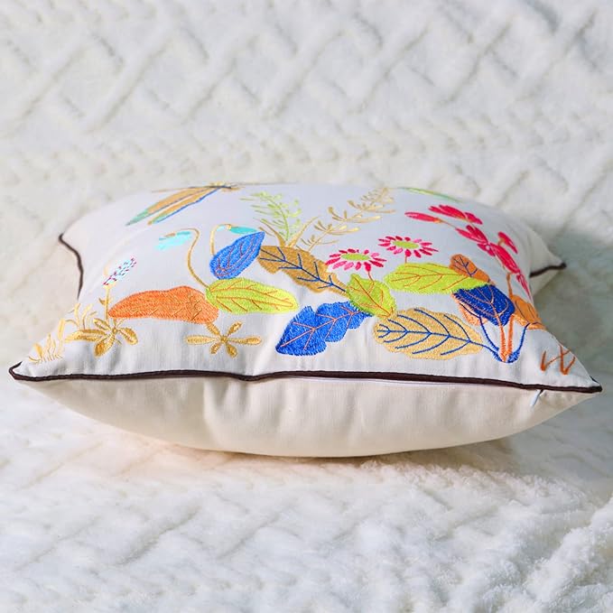 Set of 2 Embroidered Decorative Throw Pillow Covers Couch Square Pillowcases Cushion for Bedroom Sofa Farmhouse Decor 18x18 Inch (Dragonfly)
