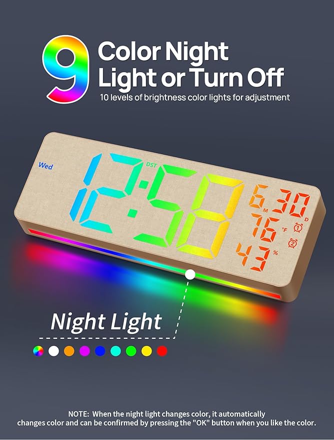 MASHI 2026 Upgrade 17.3" Large Digital Wall Mount Clock, Digital Clock with Remote Control, Alarm, Big LED, RGB Color, DST, Temperature for Living Room,Classroom, Bedroom, Decor (Beige)