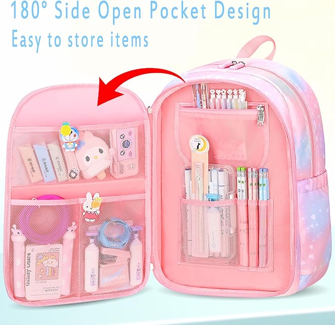 Kawaii Backpack, Pink Backpack for Girls, Kid Starry Rainbow Bookbag, Cute Backpack for Kids, Aesthetic Backpack, Purple(3 PCS Set)
