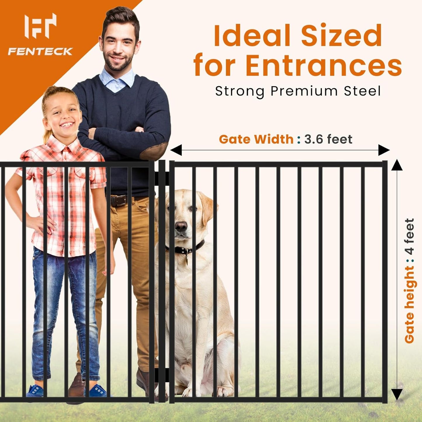 Black Metal Gate, 3.5' W x 4' H, Rustproof Outdoor & Pool Gate, Easy DIY Installation to Iron Fencing, Wood or Brick Walls, Stainless Steel Hinges & Self-Locking Latch