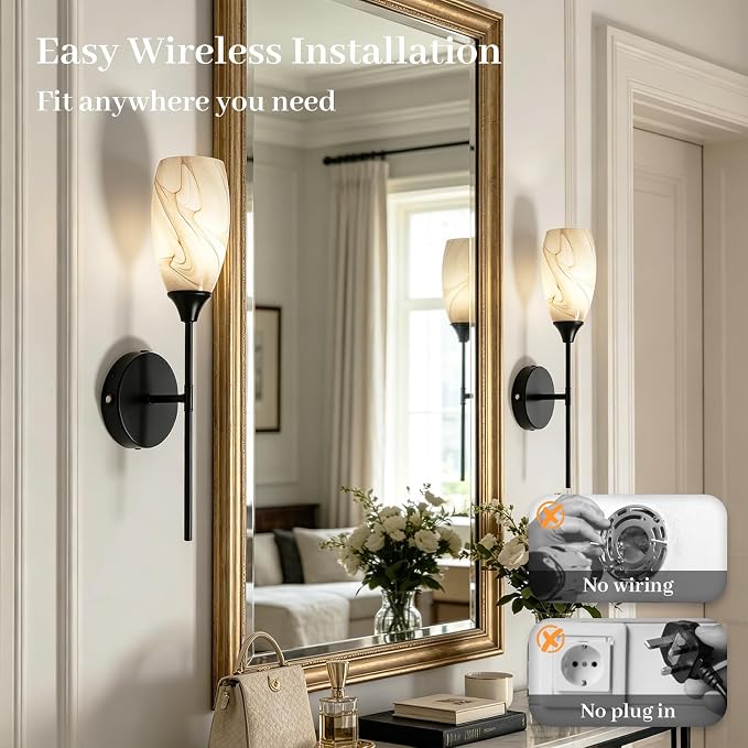 Vintage Battery Operated Wall Sconces Hand-Blown Glass , Rustic Touch & Remote Control Wall Lights Set of 2, Rechargeable 8000mAh, 3 Temperatures, Dimmable, Wireless Sconce for Bedroom Living Room