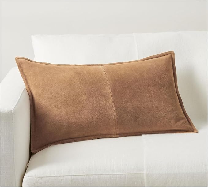 Genuine Leather Pillow Cover Case for Lumbar Throw Couch Pillows – Modern Farmhouse Decorative Sofa Thick & Soft Cushion Cover (Suede Camel, 12" x 20")