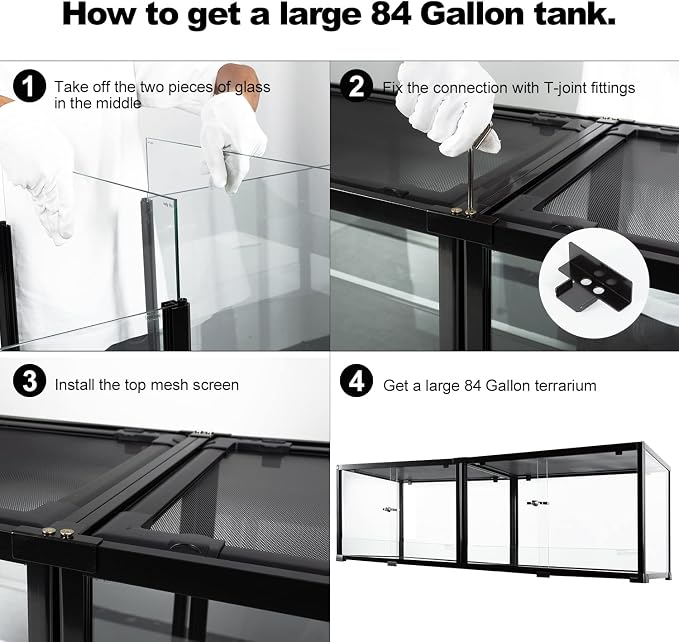 REPTIZOO 84 Gallon Large Reptile Terrarium Extra-Long 60" x 18" x 18" Spliceable Glass Reptile Tank, Double Top Cover Enclosure Habitats