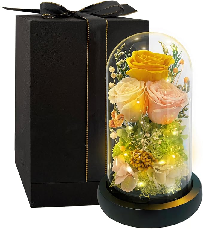 HipTree Preserved Yellow Rose in Glass Dome with LED Lights - Forever Eternal Real Rose Gifts for Women, Valentines Day Mothers Day Birthday Christmas Gift Wedding Anniversary for Mom Wife Girlfriend