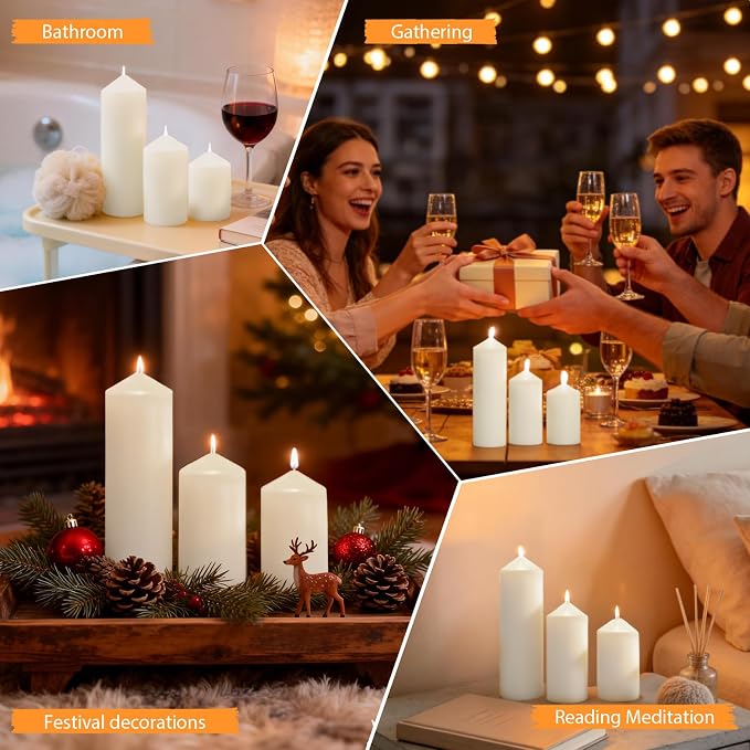 6 Pcs White Pillar Candles Bulk Set, 3 Different Lengths 2 x 3/4/6 Inch (2 Each), Dripless Unscented Smokeless,Hurricane Candles,Gives You a Better Atmosphere When Organizing an Event Party.