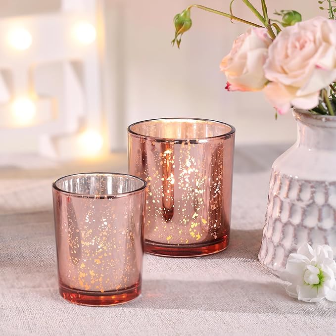 Volens 24pcs Assorted Rose Gold Votive Candle Holders for Wedding Table Centerpieces, Large Mercury Glass Votives for Tealight Candle, Rose Gold Party Decorations for Bridal and Baby Shower