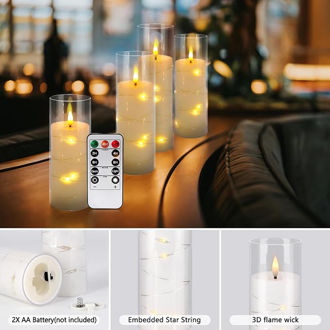 Pack of 12 Ivory Flickering Flameless Candles (D2.2 X H 5" 6" 7") Battery Operated with Remote, White LED Pillar Candles with Realistic Moving Wick for Halloween, Christmas, Home Decor & Wedding.