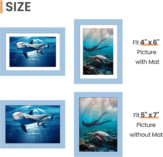 upsimples 5x7 Picture Frame, Display Pictures 4x6 with Mat or 5 x 7 Without, Wall Hanging Photo Frames, Blue, 1 Pack