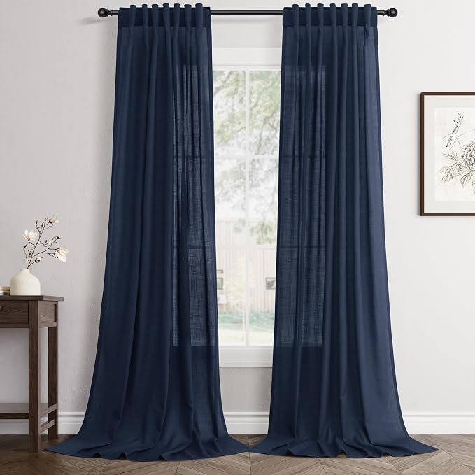 Jowels Navy Linen Curtains 96 Inch Long 2 Panels for Living Room | Navy Blue Light Filtering Semi Sheer Curtain,Back Tab Pocket Pleated Look,Boho Textured Privacy Drapes for Bedroom Window