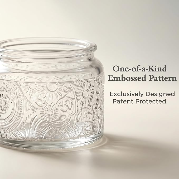 4 oz Gray Sun Moon Stars Candle Jars with Bamboo Lids, 18 Pack | Patented Embossed Design, Includes Wick Centering Devices & Warning Labels, Multiple Color Options