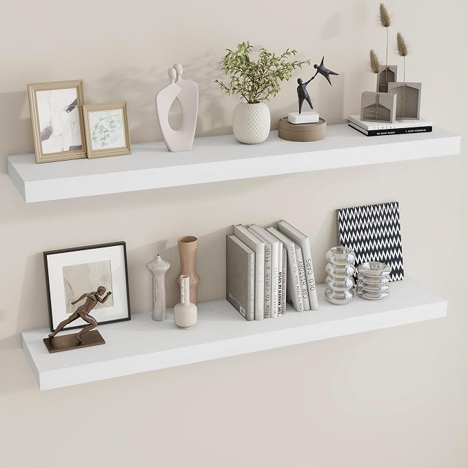 Dreamland 48Inch White Floating Shelves 9.3" Deep Wall Mounted Set of 2 | Wall shelves for bathroom, bedroom, kitchen, deep wall mount wood storage display for home decor 48" x 9.3"