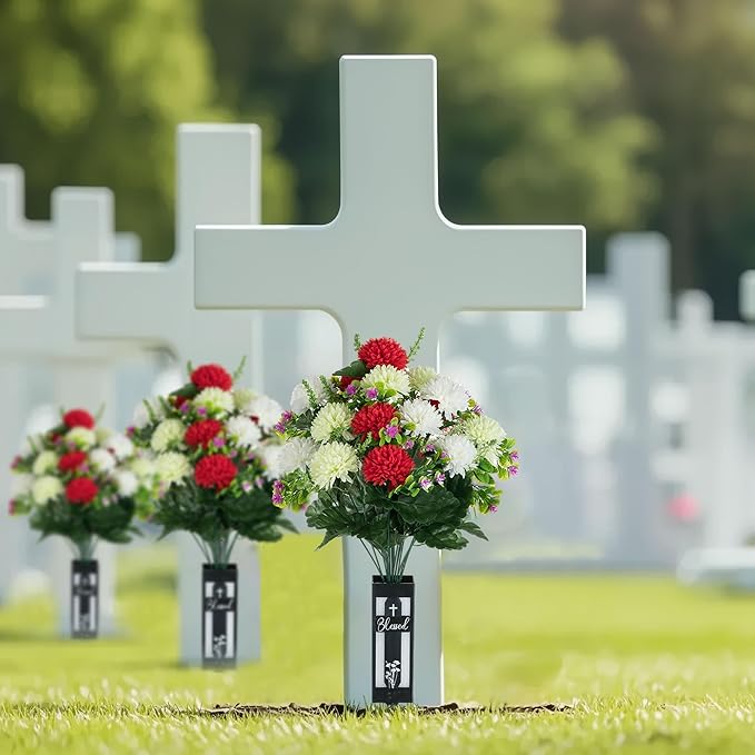 Artificial Cemetery Flowers for Grave: 2 Pcs 18 Heads Fake Mums Flowers with Vase for Cemetery Spring Decorations Outdoor Grave