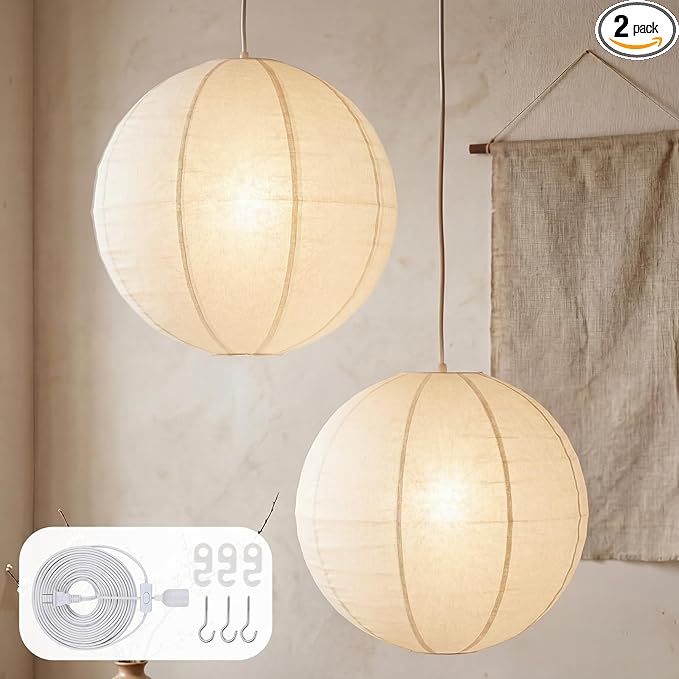 Nuanchu 2 Pack Linen Lantern Lamp Plug in Pendant Light 20 Inch Hanging Lamp Shade with 20 ft Cord Minimalist Light Covers Japanese Chandelier for Ceiling Dining Living Room Artistic Decor(Round)