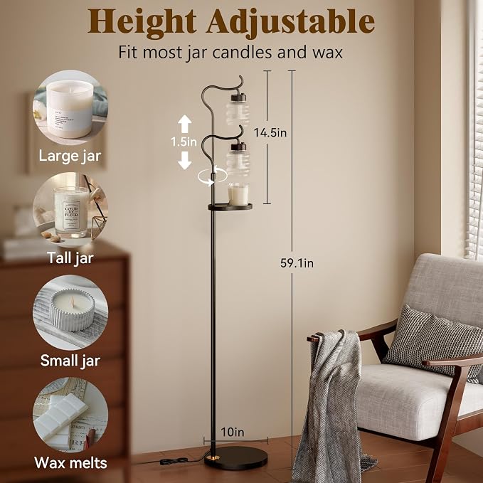 Candle Warmer Floor Lamp with Timer, Dimmable Candle Warmer for Home Decor, Height Adjustable Floor Warmer, Birthday Gifts for Girlfriend Mom Christmas Mother's Day Gfit (Brown TOP)