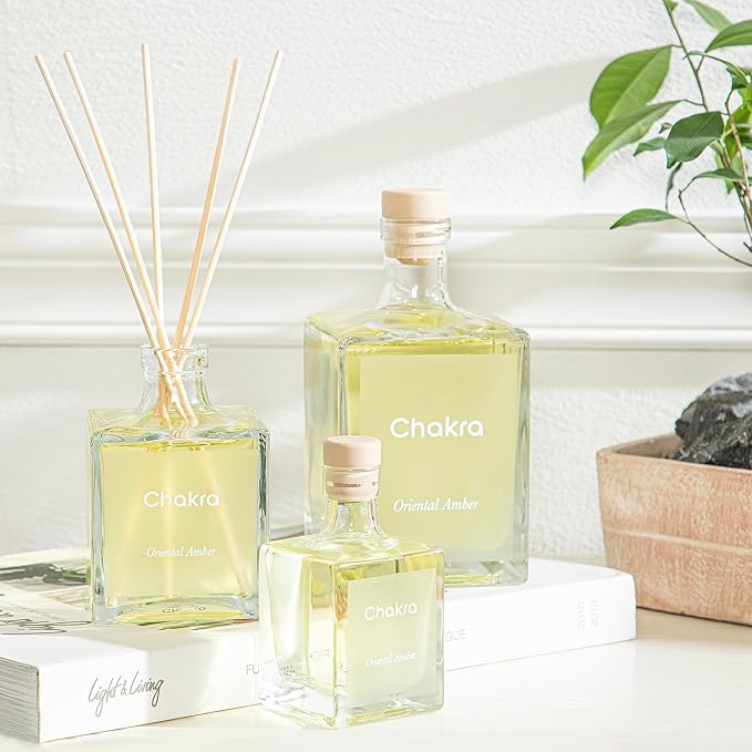 Chakra Reed Diffuser Set - Reed Diffusers for Home, Office and Living Spaces with Long-Lasting Fragrance, Scent Diffuser with Decorative Glass Bottle & Bamboo Sticks, 17 fl oz, Oriental Amber