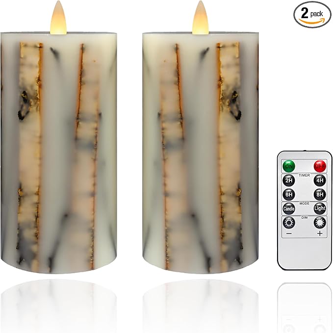 Brown Bark Flameless Pillar Candles Flickering with Remote Timer, Battery Operated LED 3D Moving Flame Real Wax Candles, Set of 2, D3 x H6,Remote Included (Cinnamon)