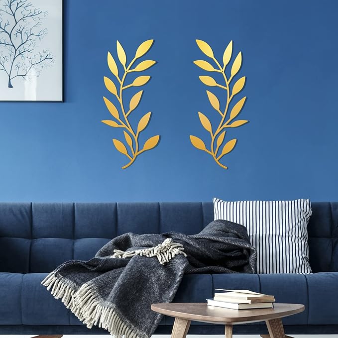 Zhengmy 2 Pieces Metal Tree Leaf Wall Decor Vine Olive Branch Leaf Wall Art Living Room, Hallway Wall Decor Outdoor Decoration(Gold)