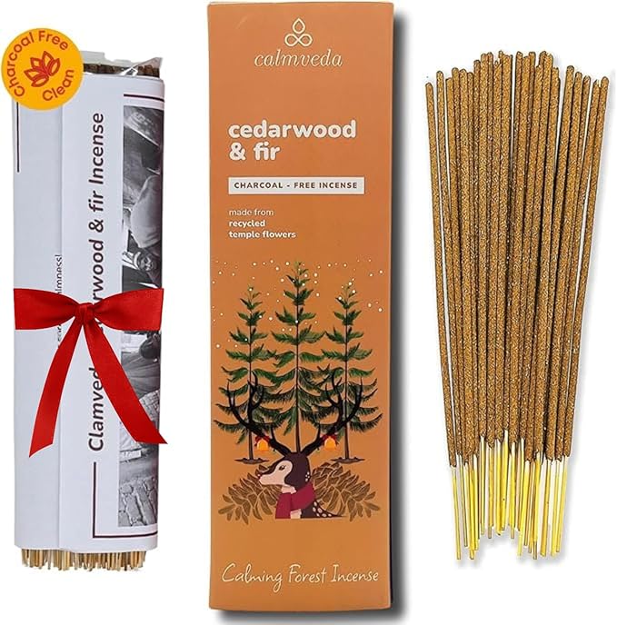 Calmveda Balsam Cedar Incense Sticks - (80 Scented Sticks) Charcoal Free, Made from Upcycled Flowers | Like Freshly Cut Christmas Tree Incense Sticks, Cypress Woodsy & Moss Notes | for Holiday Cheers