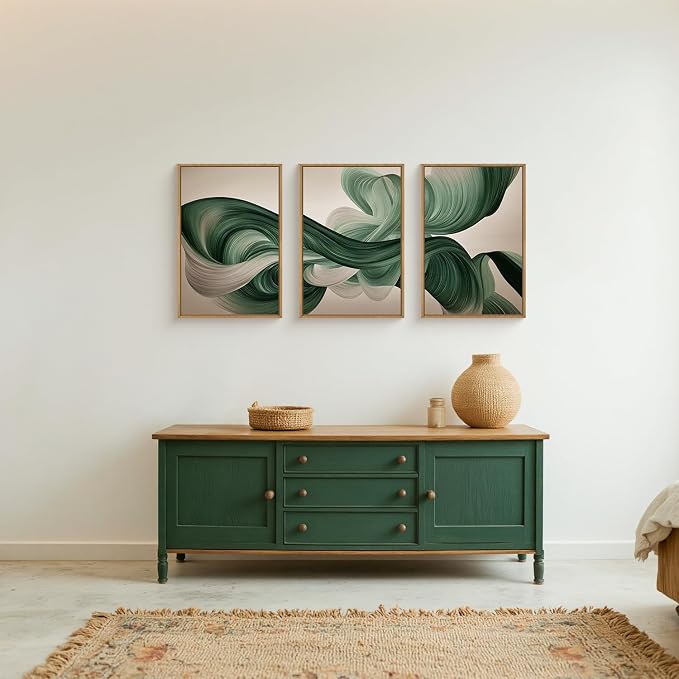 KAIRNE Green Abstract Framed Canvas Wall Art Set,Minimalist Green Lines Wall Decor,Modern Flowing Texture Art Prints,Neutral Smokes Waves Artwork for Living Room,Bedroom,Farmhouse,Office-16 x24 x3