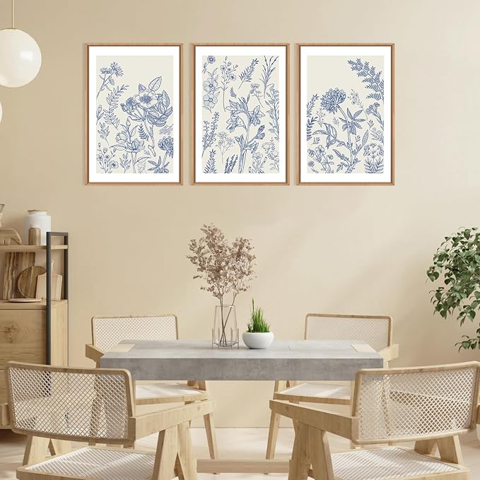 HPINUB Classic Chinoiserie Floral Framed Canvas Wall Art Set,Watercolor Blue and White Botanical Flowers Wall Decor,Navy Blue Minimalist Wildflower Art Print for Living Room,Bedroom,Office-16 x24 x3