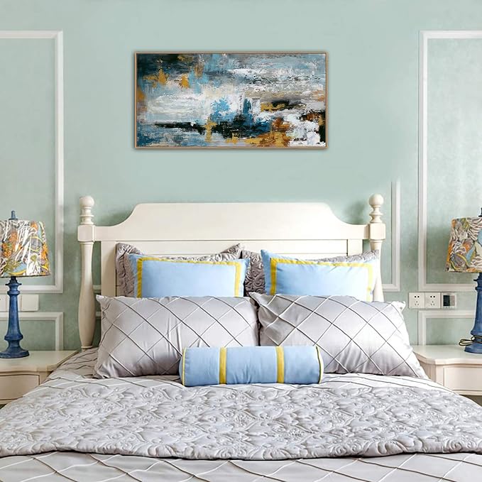 Framed Abstract Wall Art Large Canvas Picture Modern Blue Grey Brown Canvas Painting Artwork Abstract Canvas Prints Wall Decoration for Living Room Bedroom Office Home Wall Decor Ready to Hang 24x48in