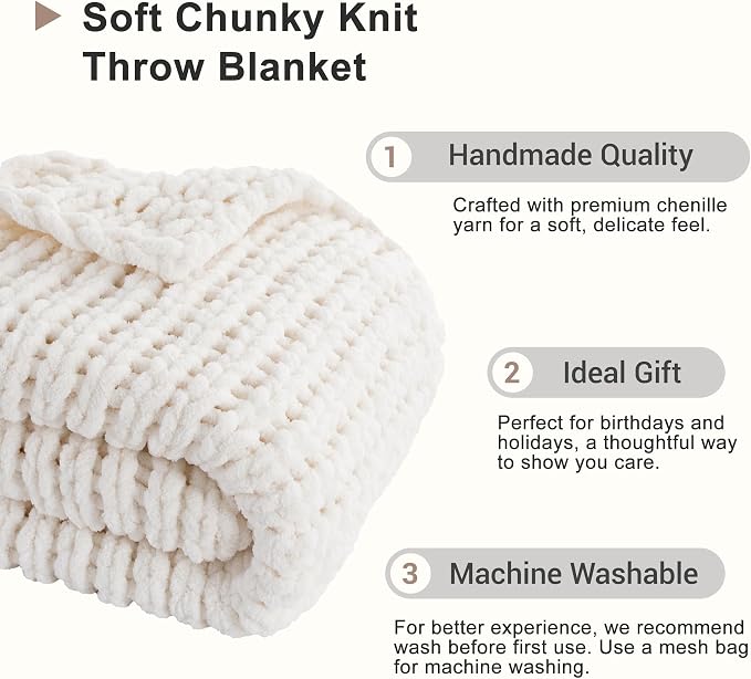 Battilo Cream Chunky Knit Throw Blanket, Soft and Thick White Chenille Throw Blanket, 50"x60" Handmade Cable Knit Crochet Blanket, Knot Knitted Throw Blankets for Couch Home Decor, Cream