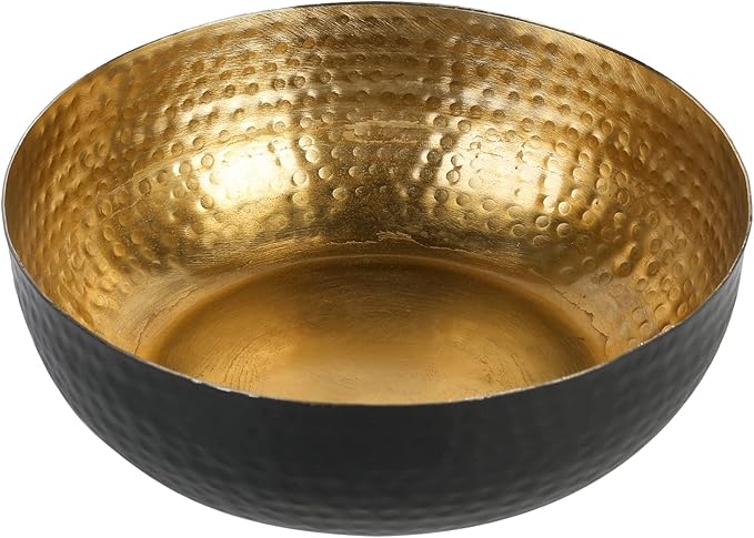 MyGift Black Metal Hammered Decorative Bowl for Home Decor with Gold Interior, Art Deco Style Centerpiece Table Decoration and Coffee Table Decor - Handcrafted in India (Dia 7.6 inches)