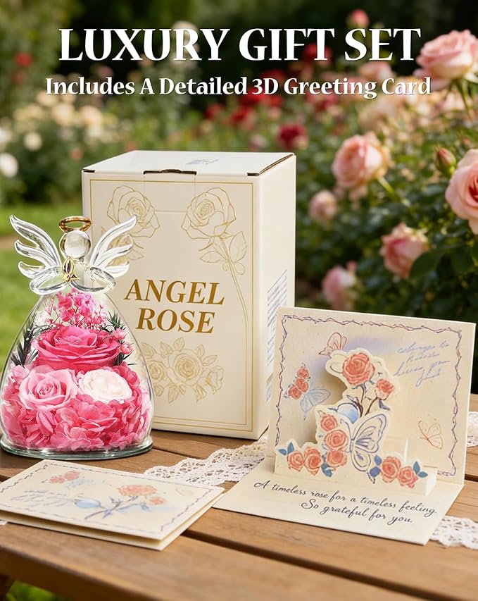 homeasy Roses Gifts for Women Birthday, Preserved Flowers Rose in Glass Angel Figurines, Forever Fresh Flowers for Delivery Gift Box with 3D Card for Wife Mom Her Grandma-Pink