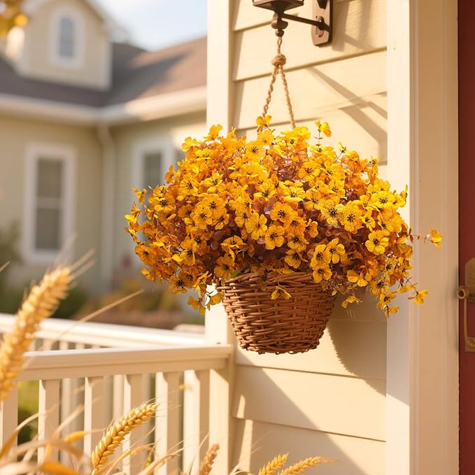 Grunyia 16 Bundles Artificial Fall Mums Outdoor UV Resistant, Fake Silk Plants No Fade Faux Greenery for Garden Porch Patio - Autumn Thanksgiving Christmas Home Decor (Fall Yellow)
