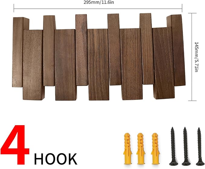 Wooden Coat Rack Hanger Wall Mount with 4 Hooks Wall Mounted Coat Rack Coat Rack Wall Mount Made of Walnut Wood