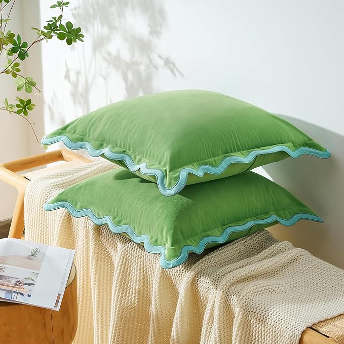 MONDAY MOOSE Decorative Throw Pillow Covers Cushion Cases, Set of 2 Soft Velvet Scalloped Wavy Edge Designs, Pillow Inserts Not Included (18x18 inch, Light Green/Light Blue)