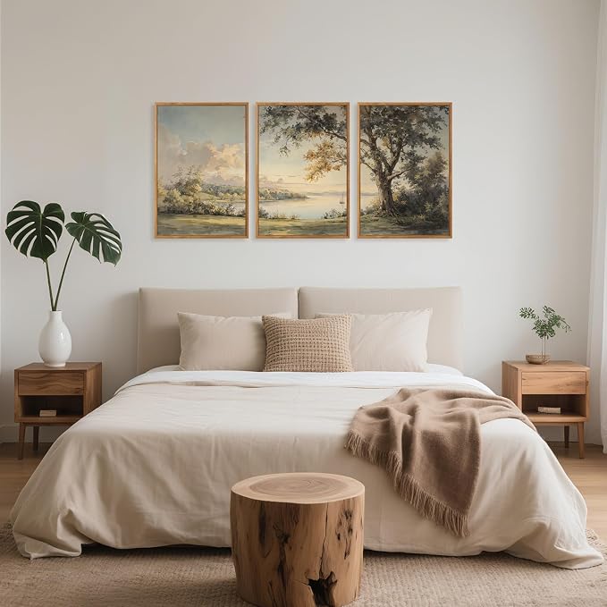 TOARTi Large Framed Nature Landscape Canvas Wall Art,Vintage Countryside Cottagecore Scenery Wall Decor,Wildness Green Tree Lake Sailboat Art Prints for Farmhouse Living Room Bedroom Office-16”x24”x3