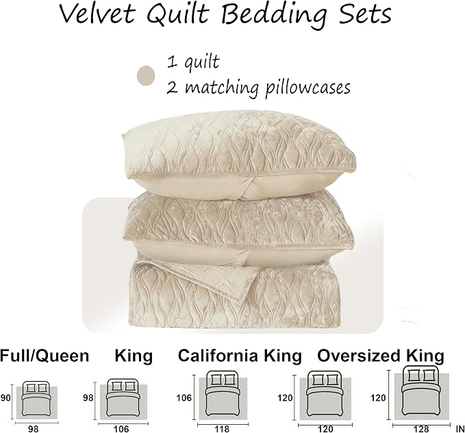 Velvet Quilt Set Oversized King Size 120x120 Bedspread with 2 Pillow Shams Ultra Soft Polyester Bedding All Season Decor for Bedroom Guest Room Hotel Retro Pastoral Home Decor, Beige