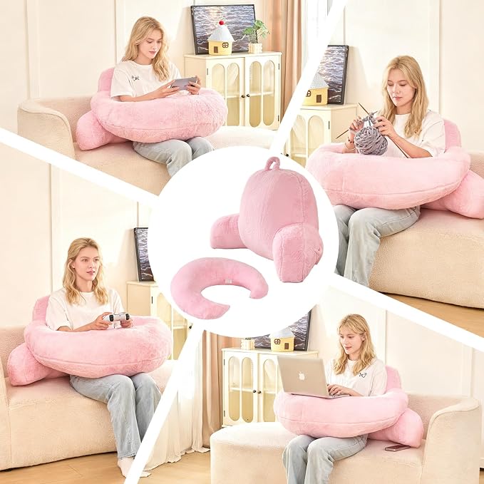 17" Reading Pillow for Bed,U Shaped Arm & Elbow Support,Pink Faux Fur | Backrest Supports Back,U Shaped Lap Pillow Cushions Arms,Elbows & Wrists,Plush Faux Fur for Reading,Gaming,Watching TV