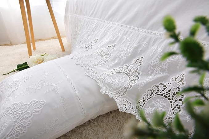 2-Pack White Battenburg Lace Pillow Shams Hollowed Out Lace Pillowcases French Luxury Elegant Look 100% Cotton Queen Size