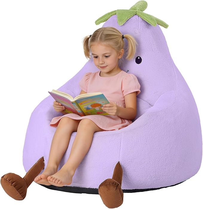 24 Inches Memory Foam Bean Bag Chair - Ultra Soft Faux Rabbit Fur Round Sofa with Handle & Machine Washable Cover, Eggplant-Shaped Kids Reading Chair for Bedroom, Living Room and Playroom, Purple