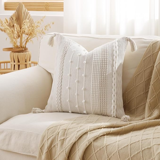 DEZENE Boho Pillow Cover 18x18 Beige - Handmade Woven Textured Throw Pillow Case with Cordings & Tassels, Decorative Accent for Couch Sofa Bed Farmhouse Living Room Bedroom Home Decor